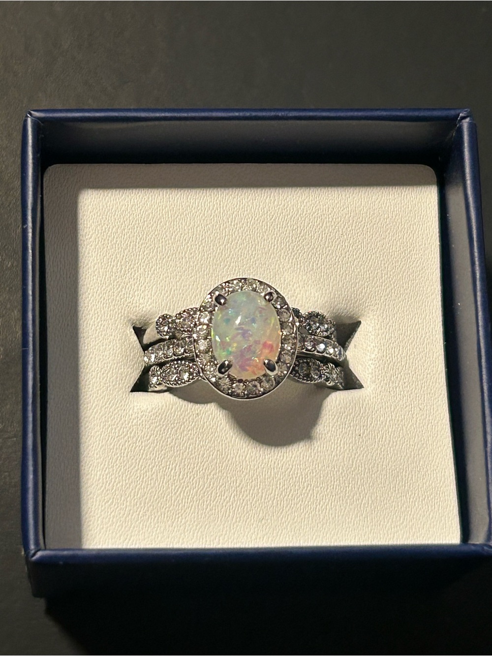 Opal Halo 3 Ring Set in White-Pink-Blue Opal Size 8 - Picture 4 of 5